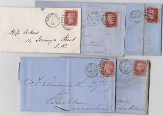 1861 - 75 Qv Five London Covers All With 1d Red Stamps Various Plates
