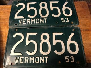 Pair (2) 1953 53 Vermont Vt License Plate Tag 25856