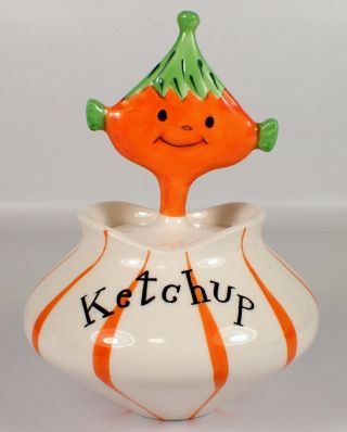 Vtg 1958 Holt Howard Pixieware Ceramic Orange & White Ketchup Jar & Spoon