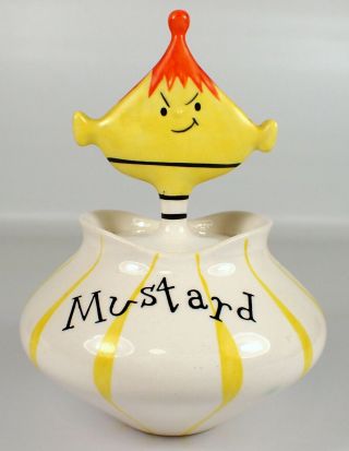 Vtg 1958 Holt Howard Pixieware Ceramic Yellow & White Mustard Jar & Spoon