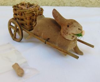 Antique Flocked German Paper (papier) Mache Rabbit Pulling Cart Candy Container