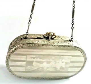 Antique Rare Art Deco Silver Tone Double Vanity Dance Compact With Chased Lid.