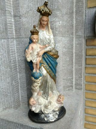 Antique Handpainted Plaster Our Lady Of Victoire Child Jesus Altar Figure Statue