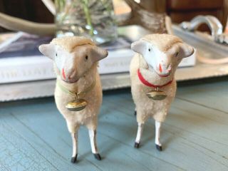 Two Putz Sheep With Bells Antique Stick Leg Wooly Composition Germany German Toy