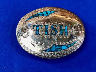 Western Turquoise Inlay Name Tish Silver Tone Belt Buckle