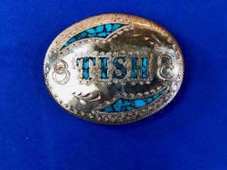 Western Turquoise Inlay name TISH Silver Tone belt buckle 2