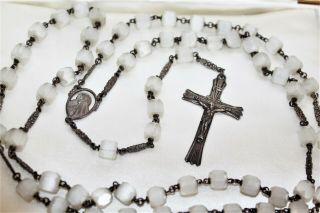 Rare Art Deco Mg Sterling 8 Mm Camphor Glass Bead Floral Spacer Rosary 25.  5 "