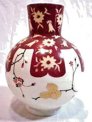 Vtg Japanese Vase White Glass Hand Painted Antique Cherry Blossom Oriental Art