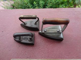 3 Antique Cast Iron Salesman Sample Toy Sad Irons All Different All Marked