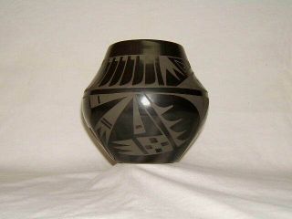 Martha Appleleaf San Ildefonso Black Pottery Feather Pot/Jar - Blue Ribbon Award 2