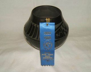 Martha Appleleaf San Ildefonso Black Pottery Feather Pot/Jar - Blue Ribbon Award 5