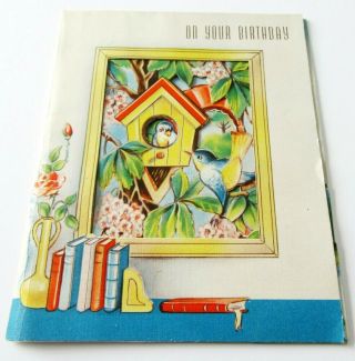 Vtg Greeting Card Cut Out Window To Blue Birds Birdhouse Flowers Multi Page