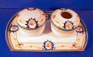 Noritake Vanity Dresser Set Tray Hair Receiver Powder Box Porcelain Vintage