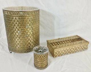 Vintage Stylebuilt 3 Pc Gold Basket Weave Hollywood Regency Vanity Set
