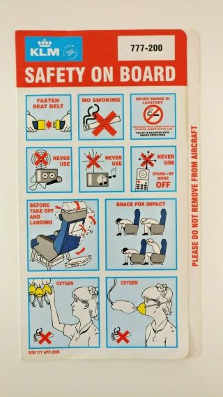 Rare Klm Boeing 777 - 200 Safety On Board Card - 2006
