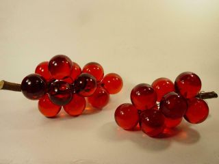 2 Vintage 1960s Royal Rose Red Acrylic Lucite Grape Clusters Wood Stems