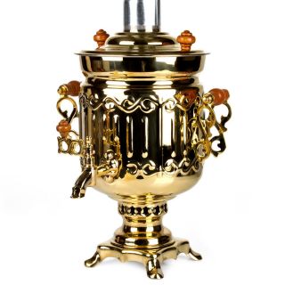 Charcoal Authentic Brass Russian Samovar W/ Smoke Stack Gold Color 2.  5 L 14.  6 "