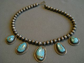 Southwestern Native American Indian 8 Turquoise Sterling Silver Bead Necklace
