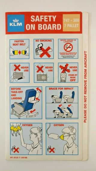 Rare Klm Boeing 747 - 300 7 Pallet Combi Safety On Board Card - 1998