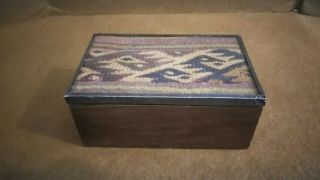 Antique Peru Textile Nazca Exotic Wood Box 925 Silver Framed Edge.
