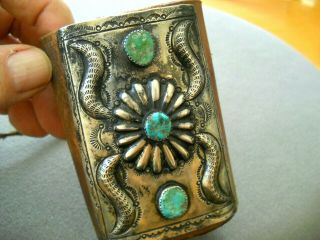 Old Native American Turquoise Sterling Silver Repousse Waterbug Ketoh Bowguard