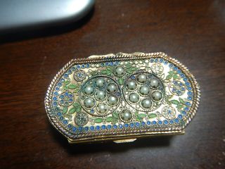 Old Brass Compact Pearls & Enamel On Lid Old Estate