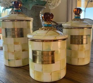 Mackenzie Childs Parchment Check Canisters Set/3