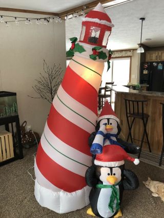 Gemmy Airblown Inflatable Light House With Penguins Christmas