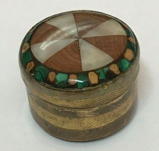 Antique Victorian Brass Round Pill Snuff Box Agate,  Wood And Pearl