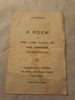 1930 Amy Johnson A Poem " The Lone Flight To Australia " Thorpe Hesley Rotherham
