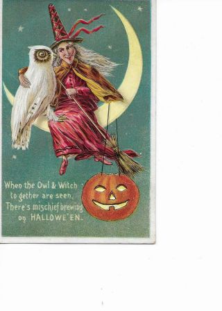 " Halloween " Post Card " The Owl And The Witch "