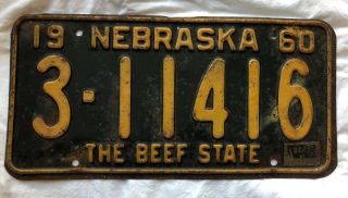 Vintage 1960 Nebraska Metal License Plate The Beef State