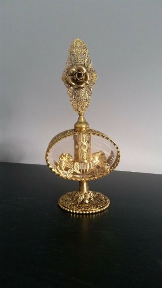 Vintage Ormolu Perfume Bottle With Dauber,  Rose Motif,  Gold Filigree With Crystal