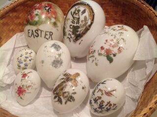 8 Antique Handblown White Milk Glass Eggs Handpainted Various Sizes & Patterns