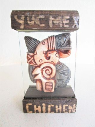 Yucatan Mexico Chichen Itza Tourist Souvenir Mayan Sculpture Wood Base Vintage