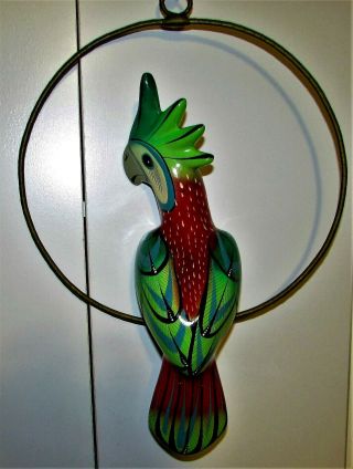 Mexico Pottery Parrot Ceramic Bird Macaw Metal Perch Large 14 " Animal Folk Art