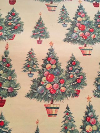 Vtg Christmas Wrapping Paper Gift Wrap Cute Trees Ornaments Nos 1960