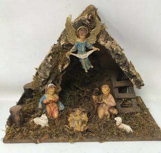 Vintage Italian Italy Christmas Nativity Scene W/ Wooden Stable Manger