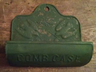 Antique Stamped Tin Wall Comb And Brush Holder With Bird Theme Paint