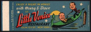 Vintage Matchbook Cover Little Venice Restaurant York Salesman Sample