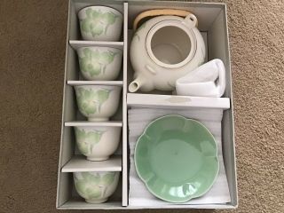 Vintage Tea Set Teapot & 5 Cups Plates Light Green With Raised Flowers Japan