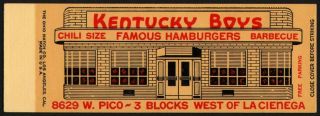 Vintage Matchbook Cover Kentucky Boys Hamburgers Los Angeles Ca Salesman Sample