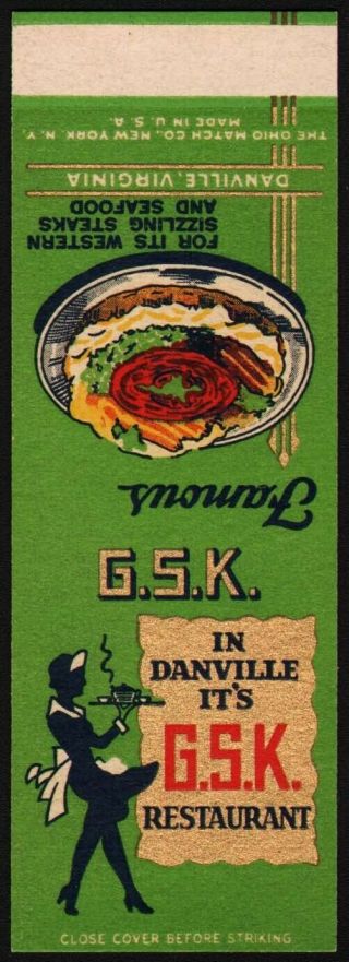 Vintage Matchbook Cover G S K Restaurant Danville Virginia Salesman Sample