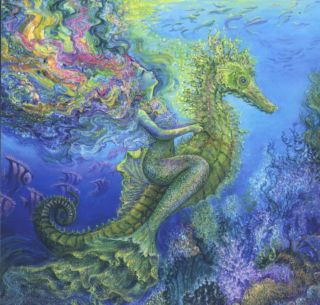 Fantasy Mermaid Rides Seahorse,  Fish,  Corals,  Sparkle Added,  Birthday Greeting Card