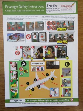 Ethiopian Airlines Boeing B737 - 800 Airline Safety Card Plastic Coated Alm