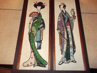 2 Vntg Mid Century Modern Asian Geisha Pebble Gravel Art Japanese Wall Hangings