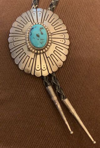 Navajo Tommy Singer Signed Sterling Silver Natural Kingman Turquoise Bolo