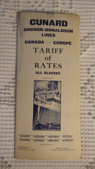 Antique Travel Brochure Cunard Anchor - Donaldson Lines,  Canada - Europe 1933