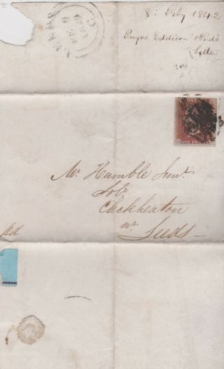 1842 Qv Leeds Mx Maltese Cross On Cover With A 4 Margin 1d Red Imperf Stamp
