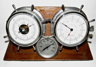 Vintage Weather Station Mounted On Wooden Base - Airguide & Rochester Instrument